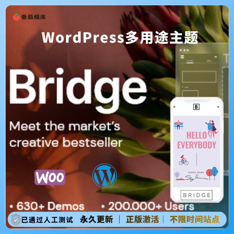 Bridge WordPress主题 创意多用途网站模板 610+演示模板 Elementor建站 企业博客电商主题 正版授权 支持WooCommerce 手机自适应 持续更新